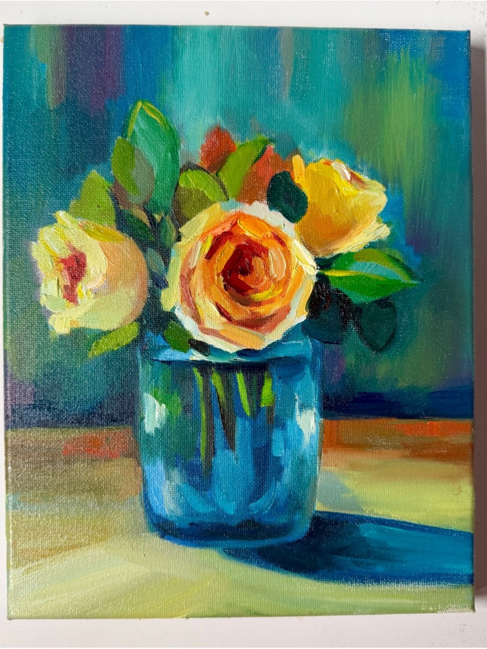 Golden Roses in Blue Jar – Original Oil Painting, 8x10 Canvas
